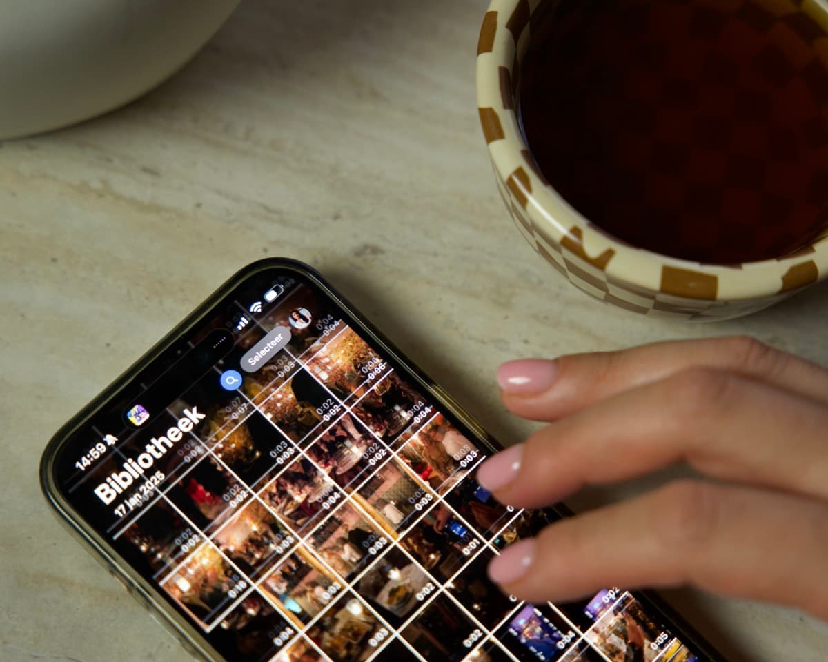 A phone showing a full library of clips from a shoot day